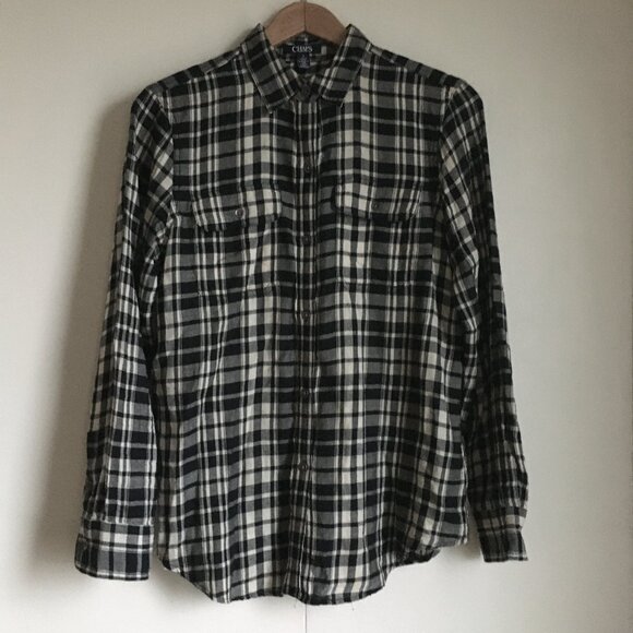 Chaps Black and White Plaid Flannel Cotton Button Down Shirt - Picture 1 of 15